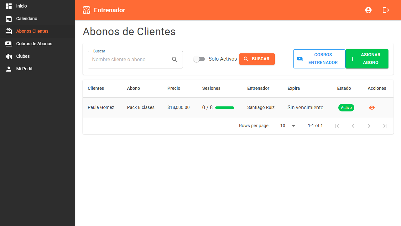 Pantalla de abonos de clientes para entrenador en Turnea