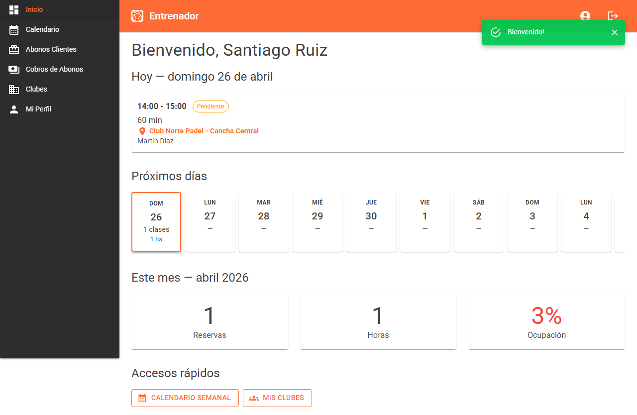 Pantalla de inicio de entrenador en Turnea