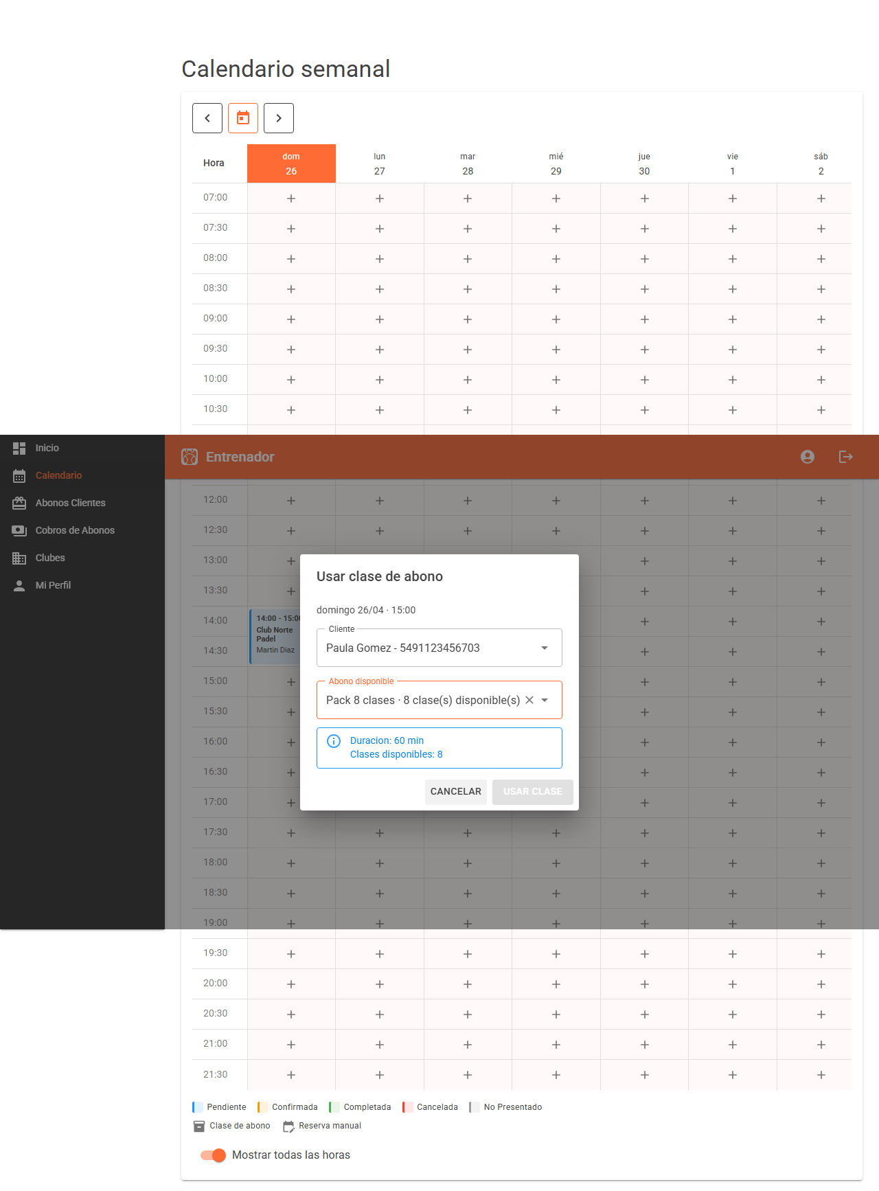 Clase de abono lista para confirmar desde calendario semanal